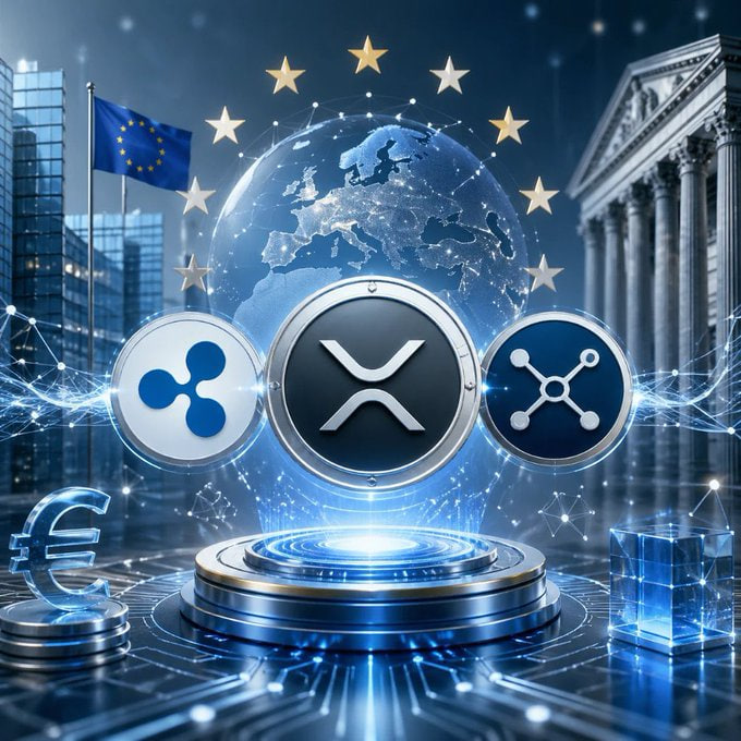 A stylized crypto illustration featuring a glowing globe surrounded by stars, the EU flag, classical architecture, and three prominent coin icons including XRP (X symbol), with a Euro symbol in the foreground.