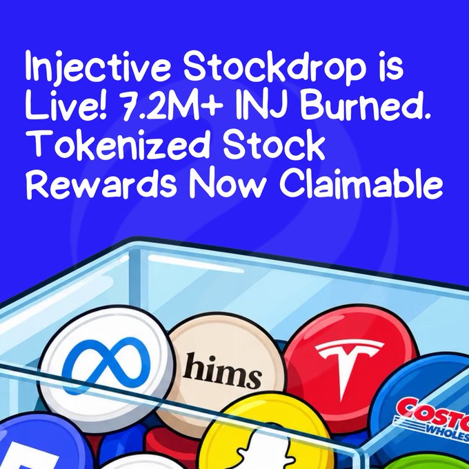 A promotional graphic on a blue background reads 'Injective Stockdrop is Live! 7.2M+ INJ Burned. Tokenized Stock Rewards Now Claimable' above an illustration of a case filled with branded tokens including Meta, Hims, Tesla, and Costco.