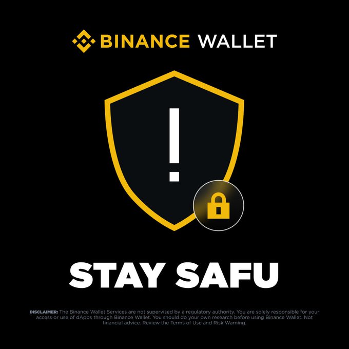 Binance Wallet security warning graphic featuring a shield with an exclamation mark and a padlock icon on a black background, with the bold text "STAY SAFU" and a disclaimer noting that Binance Wallet Services are not supervised by a regulatory authority and users are responsible for their own security—tied to a post about the malicious iOS app FomoPeek (v1.1–v1.2) stealing wallet private keys and causing user asset losses.