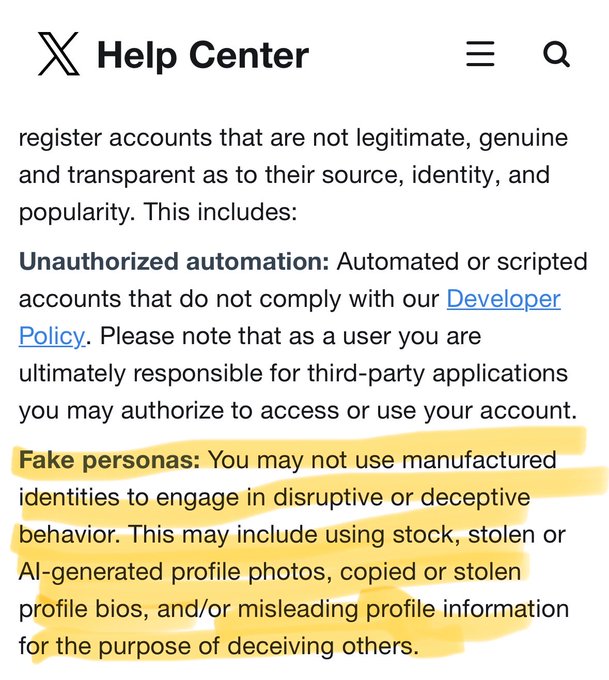 Screenshot of X (Twitter) Help Center page detailing policy violations, with the section on 'Fake personas' highlighted in yellow, prohibiting manufactured identities including stock, stolen, or AI-generated profile photos.