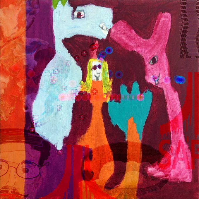 A colorful painting featuring stylized blue and pink rabbits surrounding a central figure with blonde hair, set against a vibrant red and purple background with decorative dots and circular patterns.