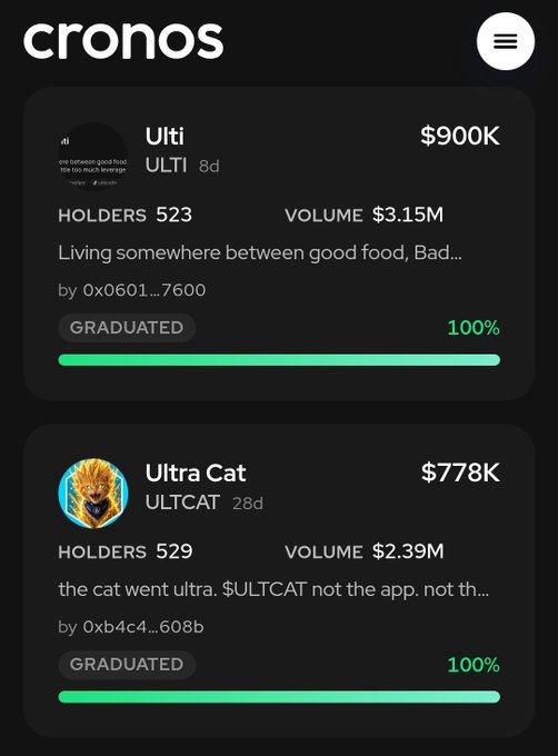 Mobile app screen for 'cronos' showing two graduated meme tokens: 'Ulti (ULTI)' at $900K with 523 holders and $3.15M volume, and 'Ultra Cat (ULTCAT)' at $778K with 529 holders and $2.39M volume.