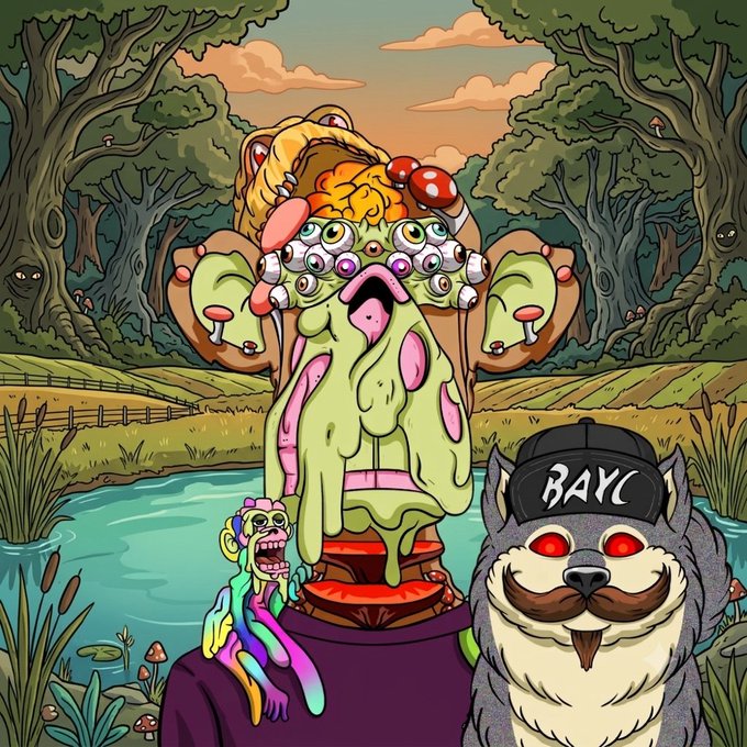 A colorful cartoon illustration showing a surreal, multi-eyed creature dripping slime, a small rainbow-colored figure, and a wolf wearing a black cap with 'BAYC' written on it, set in a forest landscape.