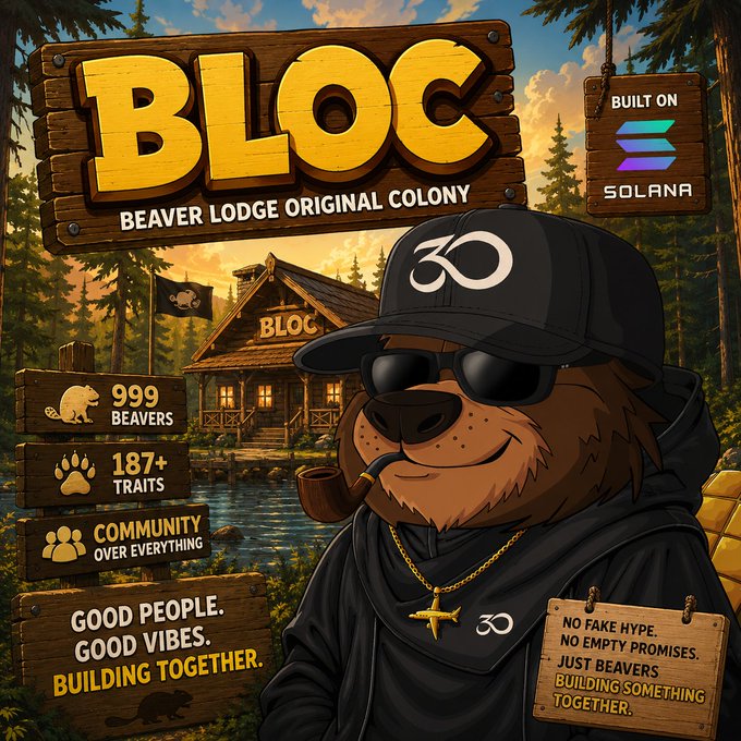 The image features a cartoon bear wearing sunglasses and a black hoodie with "BLOC" written across his chest. The background of the image shows a wooden cabin surrounded by trees, suggesting that they are located near Beaver Lodge Original Colony or Solana. The caption reads "Good morning Searching for a community worth settling into? Meet BLOC, Beaver Lodge Original Colony. A collection of 999 unique Beavers on Solana, featuring _____+ different traits".