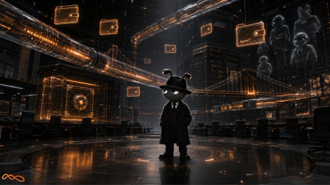 A small dark figure in a trench coat and hat stands in a glowing, high-tech surveillance room with floating screens and shadowy figures in the background.