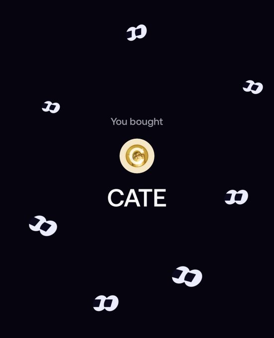 A screenshot of a crypto purchase confirmation displaying "You bought CATE" with a coin icon, accompanied by floating DJ-themed graphics on a dark background. The image celebrates the acquisition of the $CATE token, matching the user's post about adding it to their position.