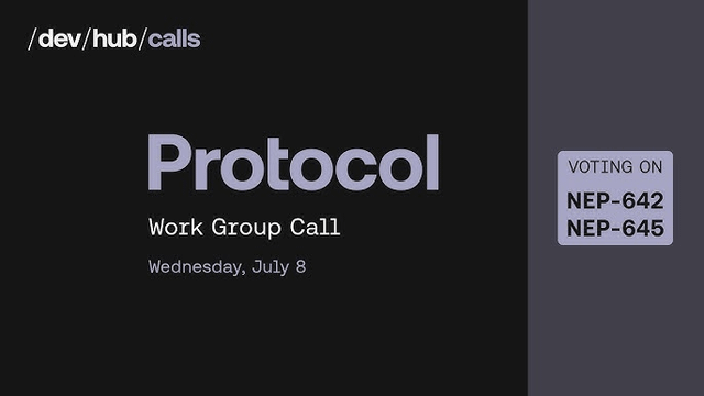 A presentation slide for a 'Protocol Work Group Call' on Wednesday, July 8, noting voting on NEP-642 and NEP-645.