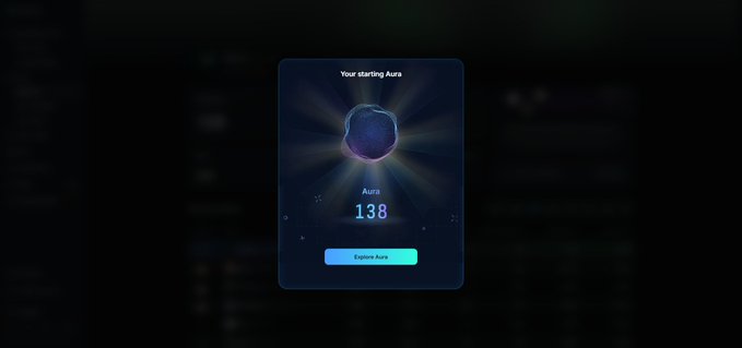 A dark interface displays a glowing purple orb with the text 'Your starting Aura' above it, 'Aura' and '138' below it, and an 'Explore Aura' button.