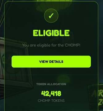 A screenshot of a CHOMPI airdrop checker displaying "ELIGIBLE" status with a token allocation of 42,418 CHOMP tokens, allowing users to paste a wallet address without connecting to verify their rewards for active Base and Robinhood onchain users.