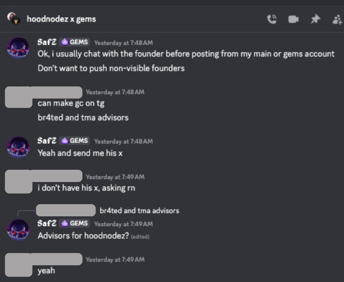 A Discord DM conversation between "hoodnodez x gems" and "Saf2 🔮 GEMS" where they discuss coordinating a call with the founder of hoodnodez before posting, with the other user mentioning they "can make gc on tg br4ted and tma advisors" but don't have the founder's X handle yet. The screenshot supports the clarification by showing Saf2's commitment to vetting founders before promoting their projects.