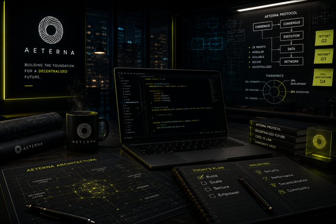 A dark workspace featuring the 'AETERNA' brand, displaying a laptop with code, branded merchandise, and informational graphics about the 'AETERNA PROTOCOL' for decentralized futures.