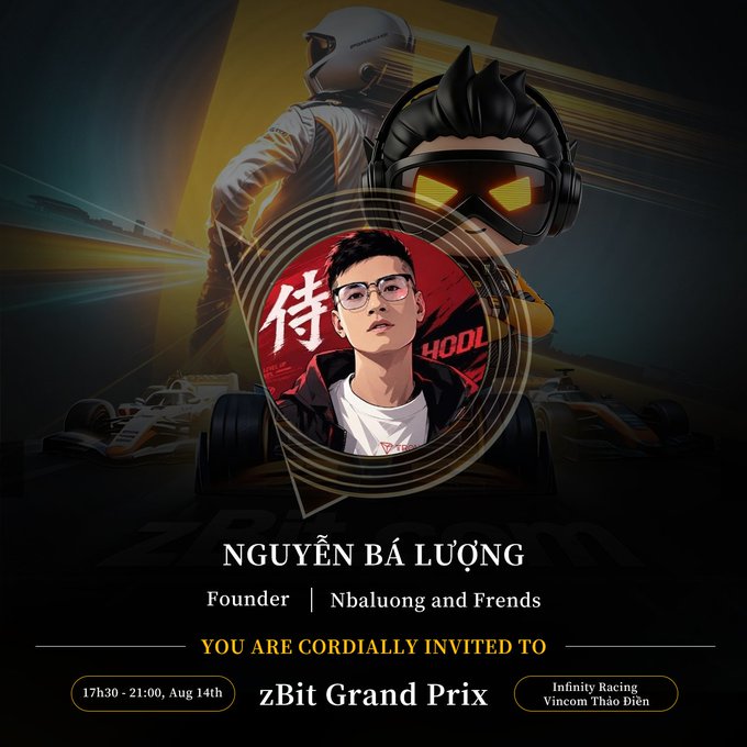 An event invitation featuring a circular portrait of 'NGUYỄN BÀ LƯỢNG, Founder | Nbaluong and Friends' inviting guests to the 'zBit Grand Prix' on '17h30 - 21:00, Aug 14th' at 'Infinity Racing Vincom Thảo Điền'.