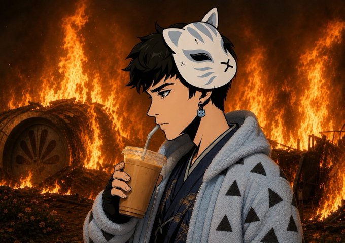An anime-style illustration of a young man wearing a white Kitsune (fox) mask on his head, sipping from a takeaway coffee cup while wearing a grey patterned hoodie, set against a fiery, apocalyptic background.