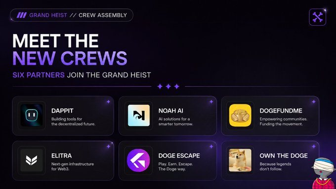 A 'GRAND HEIST // CREW ASSEMBLY' announcement page titled 'MEET THE NEW CREWS', showing six partner logos and descriptions including DAPPIT, NOAH AI, DOGEFUNDME, ELITRA, DOGE ESCAPE, and OWN THE DOGE.
