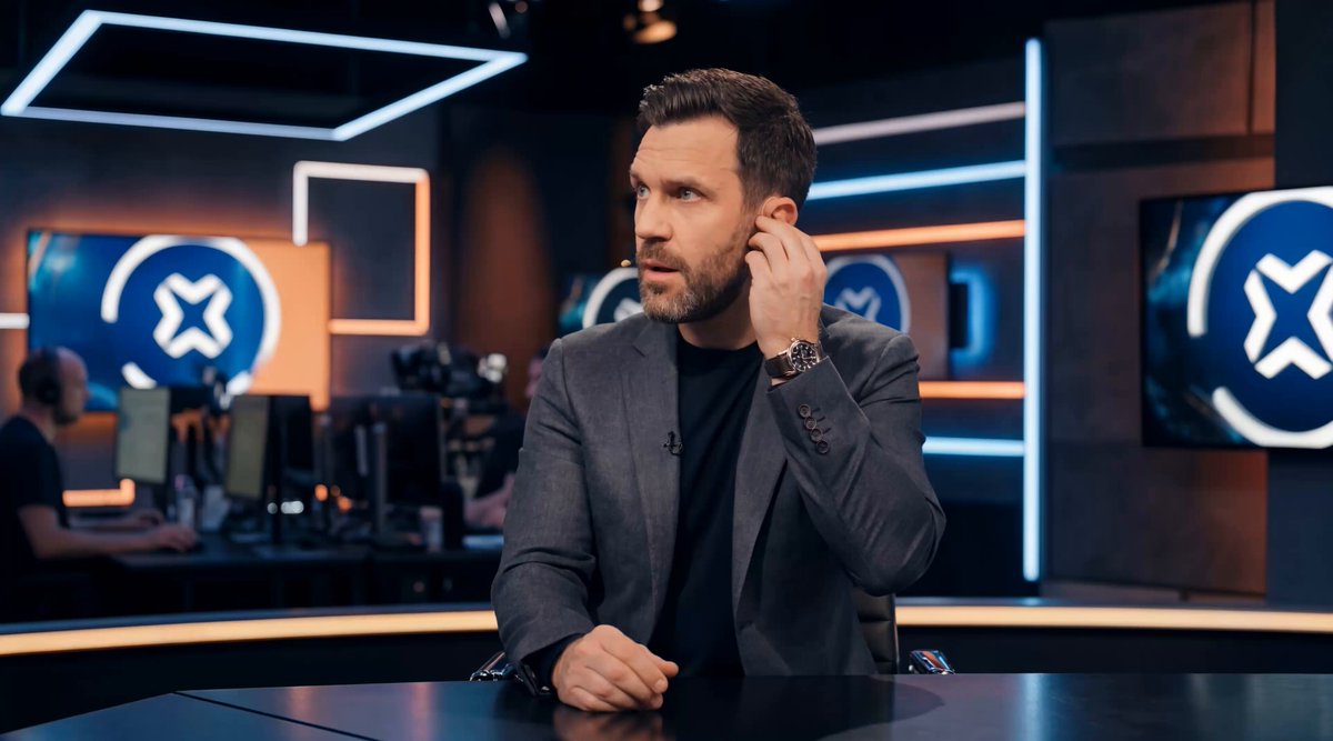 The image features a man sitting at a table with his hands up to his ears, wearing a suit and tie. He appears to be talking into a microphone or headset while seated behind a desk. The background of the scene includes several monitors displaying various logos and text related to the event taking place in the room. One of these monitors shows an advertisement for a TV show called "BREAKING NEWS", which seems to be the main focus of the image, as it is described as a "breaking news" event with a large sum of money up for grabs.