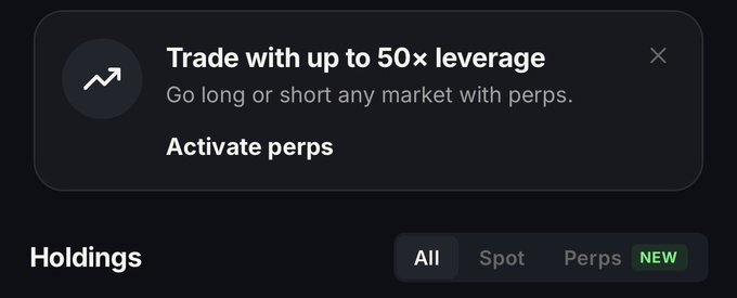 The image is a mobile app screenshot promoting perpetual futures (perps) trading with up to 50x leverage, featuring an "Activate perps" button and a "Holdings" section with filter tabs for All, Spot, and Perps (new). It visually aligns with the post announcing that perps are now live on the DefinitiveFi mobile app.
