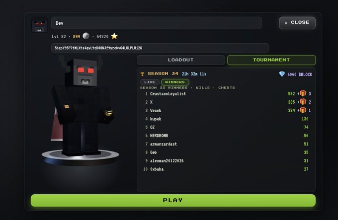 A video game tournament interface showing a player profile 'Dev' at Level 82 with a leaderboard listing 'Crustacoolyalist' in first place, and a 'PLAY' button below.