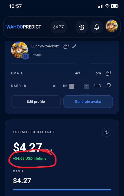 A screenshot of the WAHOOPREDICT app showing a profile for "SunnyWizardbytz" with an estimated balance of $4.27 USD and +$54.68 USD lifetime earnings circled in red.