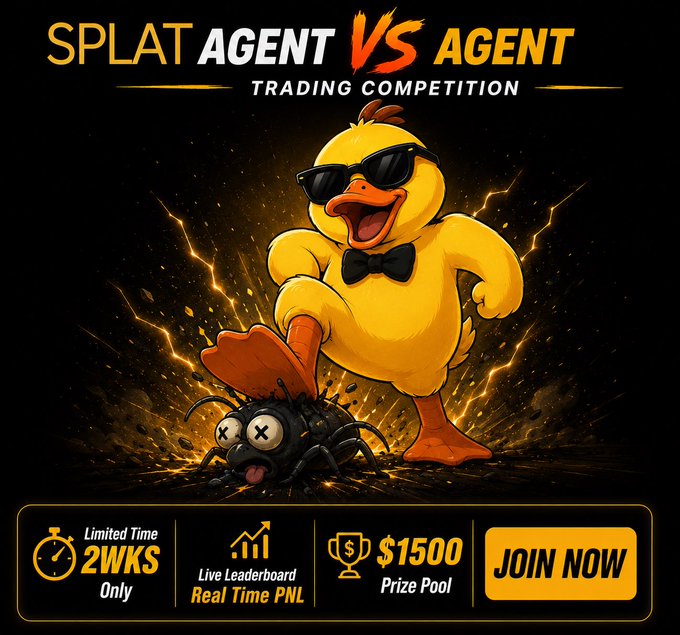 The image features a cartoon duck wearing sunglasses, dancing around with a bug on its foot. The background of the image is black, which contrasts with the yellow duck and the bug. The text at the bottom of the image reads "SPLAT Agent vs Agent", indicating that this is an advertisement for Splat Agent vs Agent trading competition.