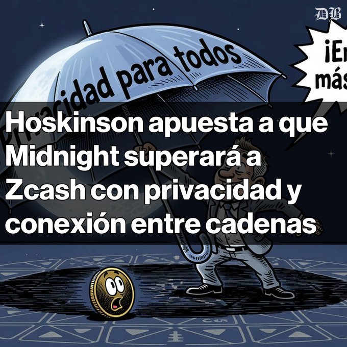 A Spanish-language graphic with the headline 'Hoskinson apuesta a que Midnight superará a Zcash con privacidad y conexión entre cadenas', featuring a comic-style man holding an umbrella labeled 'Privacidad para todos' over a worried crypto coin.