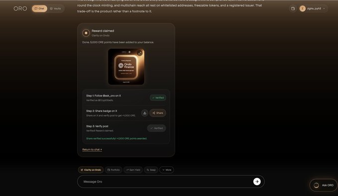 The image shows the ORO platform interface displaying a "Reward claimed" notification for completing the Ondo Clarity campaign, confirming that 5,000 ORE points were added to the user's balance after verifying through X (formerly Twitter). The screen displays the Ondo Finance logo, a verification badge, and outlines the three-step process completed: following @oro_intel, sharing a badge on X, and verifying the post, matching the user's post about successfully finishing the campaign.