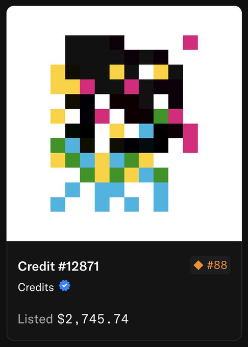 A pixel art character listing on what appears to be a credit marketplace, showing 'Credit #12871', 'Credits' with a verified badge, and a list price of $2,745.74.
