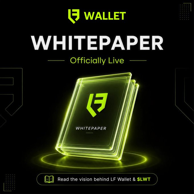 A sleek promotional graphic announcing the official launch of the LF Wallet Whitepaper, featuring a glowing neon-green book displaying the LF Wallet logo on a dark futuristic background. Bold text reads "WHITEPAPER — Officially Live," with a call-to-action encouraging readers to explore the vision behind LF Wallet and the $LWT token.