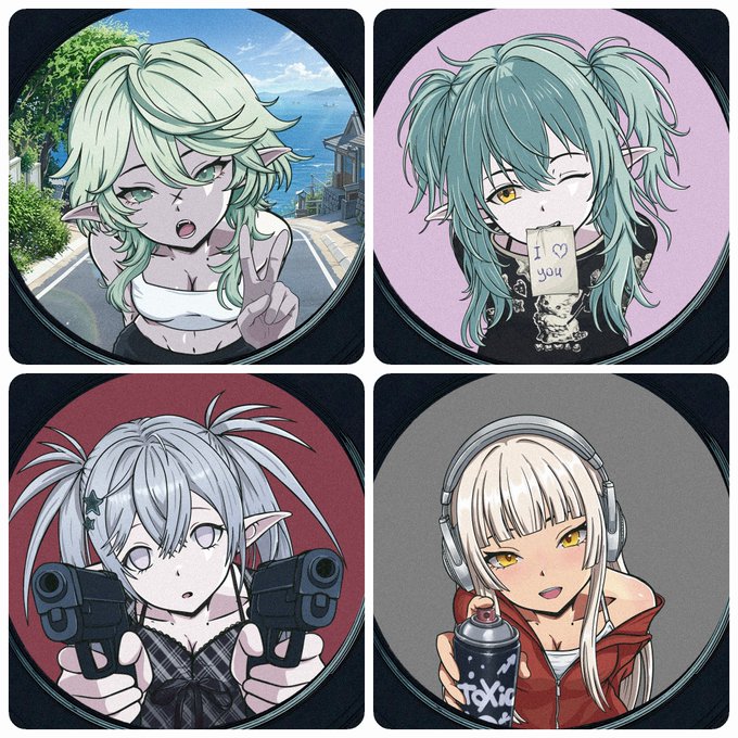 A collage of four anime-style characters framed in circular fish-eye lens format, featuring distinct illustrations including one holding an "I ♡ you" note and another spraying a "TOXIC" can. The art style and "Momo" character align with the post's promotion of a web3 TCG collectibles community with a fish-eye aesthetic.