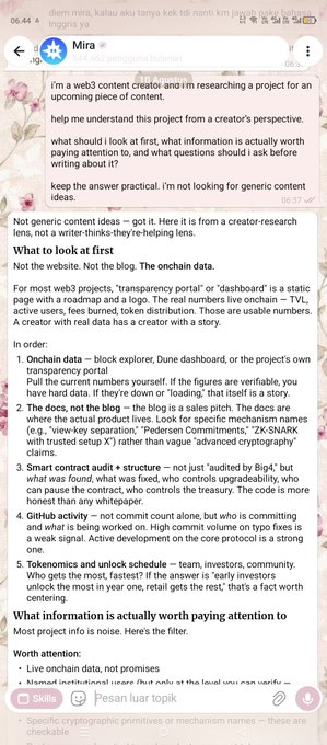 A screenshot of a chat conversation with an AI named "Mira," where a user asks for a creator's perspective on a web3 project, and the AI provides detailed advice on "What to look at first" like "Onchain data" and "The docs, not the blog."