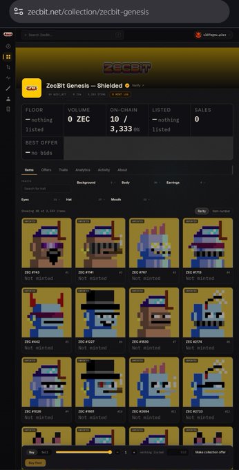 A screenshot of the zecbit.net marketplace displaying the 'ZecBit Genesis – Shielded' NFT collection by Zs0r, showing 10 items with 3,333 listed on-chain and pixel-art character avatars.