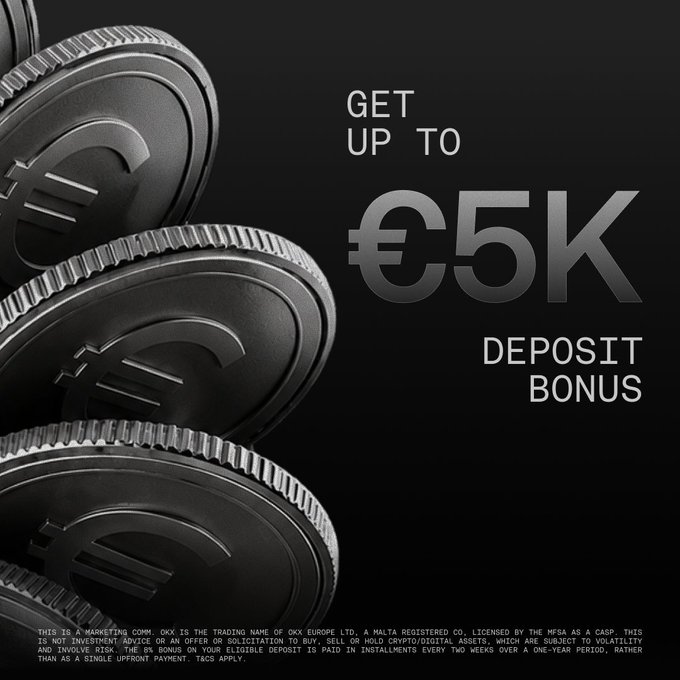 A marketing advertisement offering up to a €5K deposit bonus from OKX Europe Ltd., featuring silver Euro coins.