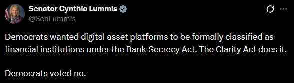 A tweet from Senator Cynthia Lummis (@SenLummis) stating: 'Democrats wanted digital asset platforms to be formally classified as financial institutions under the Bank Secrecy Act. The Clarity Act does it. Democrats voted no.'