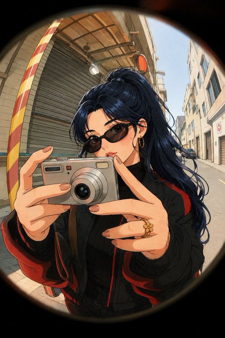 A stylized portrait of a dark-haired woman wearing sunglasses and holding a compact camera in an urban street scene.