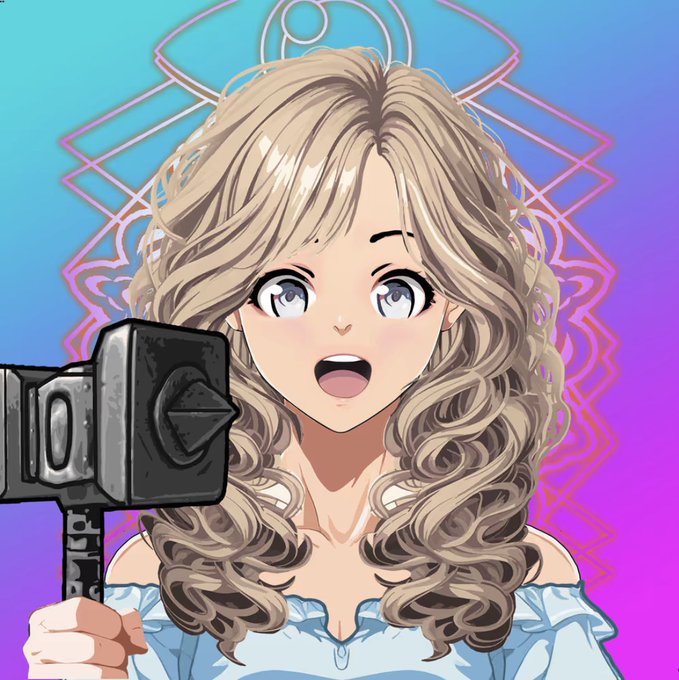 An anime-style illustration of a blonde woman with wavy hair and a surprised expression, holding a black mechanical hammer. She is set against a blue and purple gradient background with geometric mandala-like patterns.