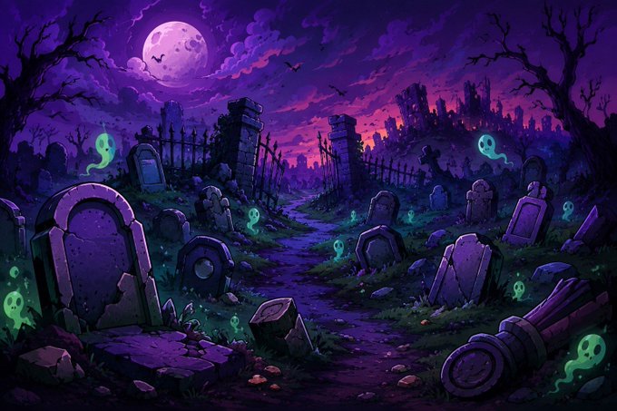A stylized cartoon illustration of a spooky Halloween cemetery at night, featuring a full moon, bare trees, glowing green ghosts, and weathered tombstones.