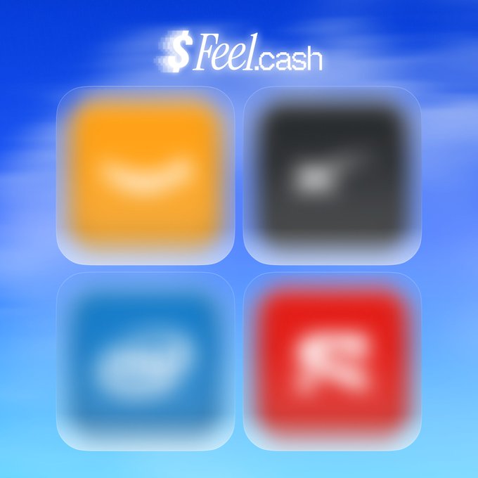 The image features a promotional graphic for Feel.cash, displaying its logo at the top against a blue sky background, with four app-style icons in orange, black, blue, and red arranged in a grid below, suggesting new stock-related offerings coming soon to the platform on the Base network.
