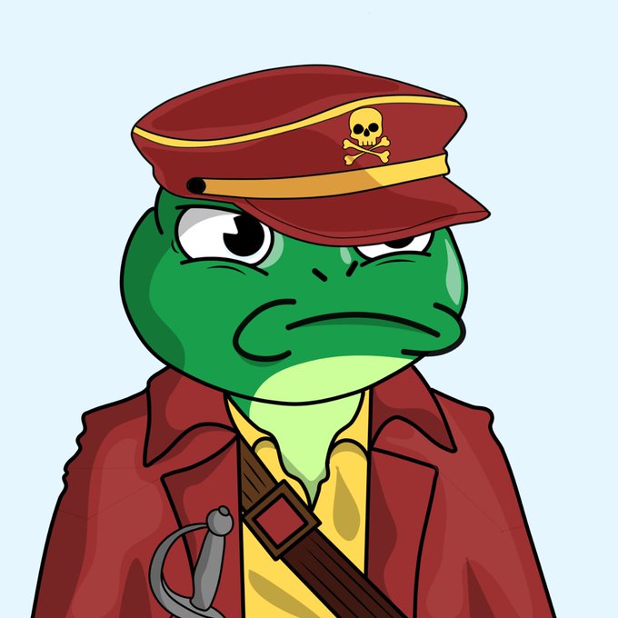 A cartoon illustration of a green Pepe-style frog character wearing a red military-style cap with a skull emblem and a red jacket.