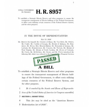 A document showing the United States Congressional Bill H.R. 8957, marked as 'PASSED' with a green stamp, concerning the Ilinois and Michigan Canal and Federal Reserve System studies.