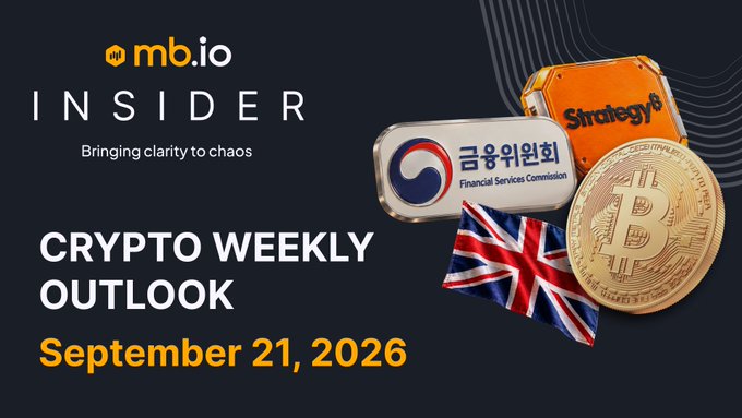 A thumbnail for 'mb.io INSIDER' Crypto Weekly Outlook dated September 21, 2026, featuring Bitcoin imagery, the South Korean flag with the Financial Services Commission logo, and a UK flag.