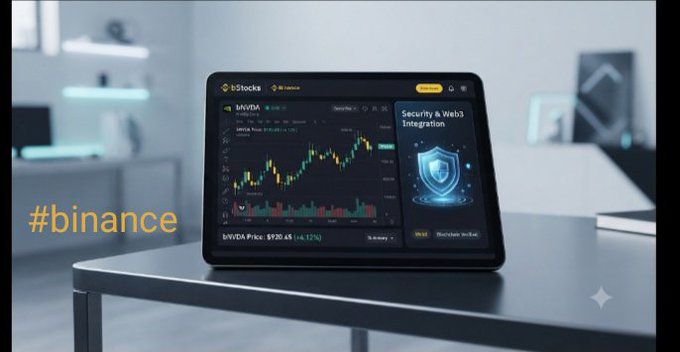A tablet displaying the Binance platform's bStocks interface shows a price chart for b/VDA with a current price of $920.65 (+4.12%), alongside a "Security & Web3 Integration" panel featuring a shield icon, reinforcing the post's emphasis on Binance's professional handling of safety and investment blending. The hashtag "#binance" appears in the left margin, highlighting the platform's branding.