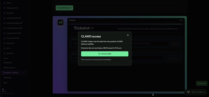A screenshot of a dark-themed app interface with a modal popup titled 'CLAWD access', explaining that CLAWD holders use a clock line, showing a purchase price of '$4.20 pass for 24 hours' and a green 'Connect wallet' button.