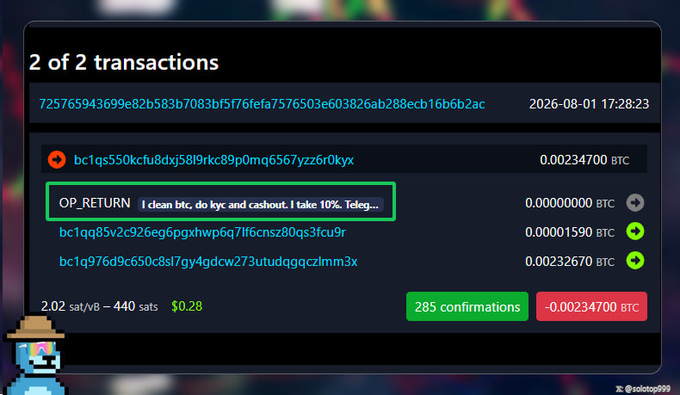 A Bitcoin transaction details page shows a sender embedding an OP_RETURN message reading "I clean btc, do kyc and cashout. I fake 10%. Teleg..." offering to launder stolen Bitcoin for a 10% fee, addressing the hacker's cold wallet with a -0.00234700 BTC transaction worth $0.28 and 285 confirmations.