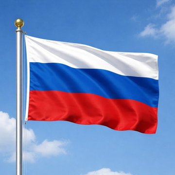 The Russian flag with white, blue, and red horizontal stripes waving on a flagpole against a blue sky with clouds.