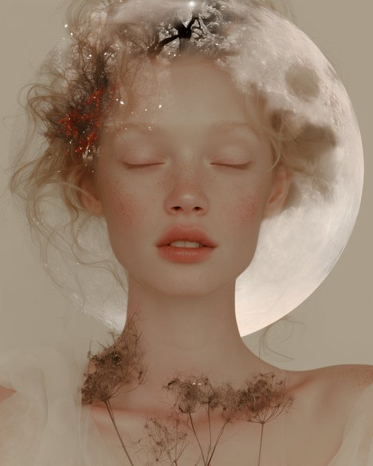 A surreal portrait of a young woman with closed eyes and freckled skin, featuring a large moon-like sphere behind her head and dried plant matter artistically placed in her hair and across her chest.