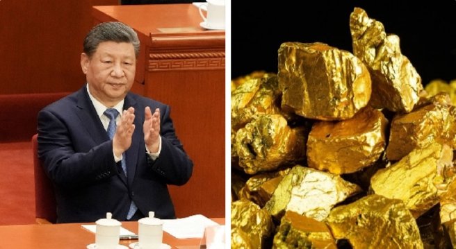 A split image shows Chinese President Xi Jinping on the left and a pile of gold nuggets on the right, visually representing China's growing gold reserves surpassing $306.35 billion.