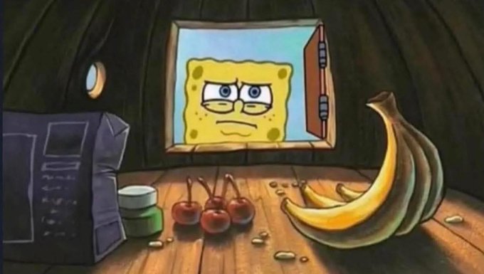 SpongeBob glares sternly from a TV screen surrounded by scattered bananas, cherries, and jars on a wooden floor, humorously conveying his suspicion over the dwindling crypto picks—just like someone skeptically assessing what's left to invest in Solana.