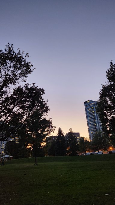 A dusk photograph of a park with silhouetted trees in the foreground, a tall building on the right, and a gradient sky fading from blue to orange near the horizon.