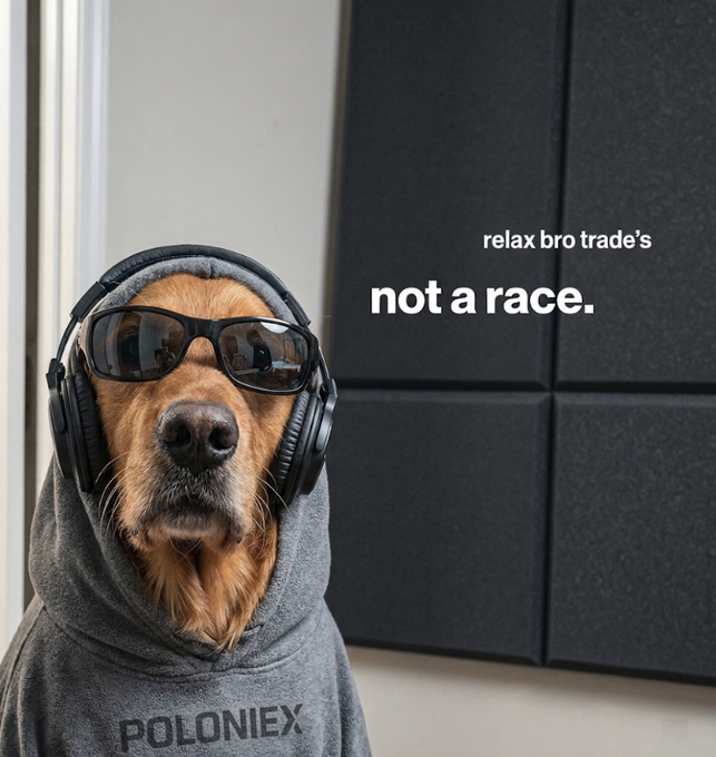 A meme featuring a golden retriever wearing a grey hoodie with 'POLONIEX' text, black sunglasses, and headphones, with text reading 'relax bro trade's not a race.'