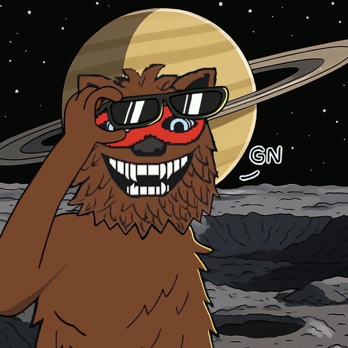 An illustration of a brown bear-like character wearing sunglasses with a red mask, grinning widely against a backdrop of a ringed planet in space, signed 'GN'.
