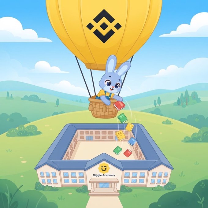 A colorful cartoon illustration featuring a yellow Binance hot air balloon (displaying the Binance logo) carrying a blue bunny character who is dropping colorful building blocks into a building labeled 'Giggle Academy' set in a green countryside landscape.